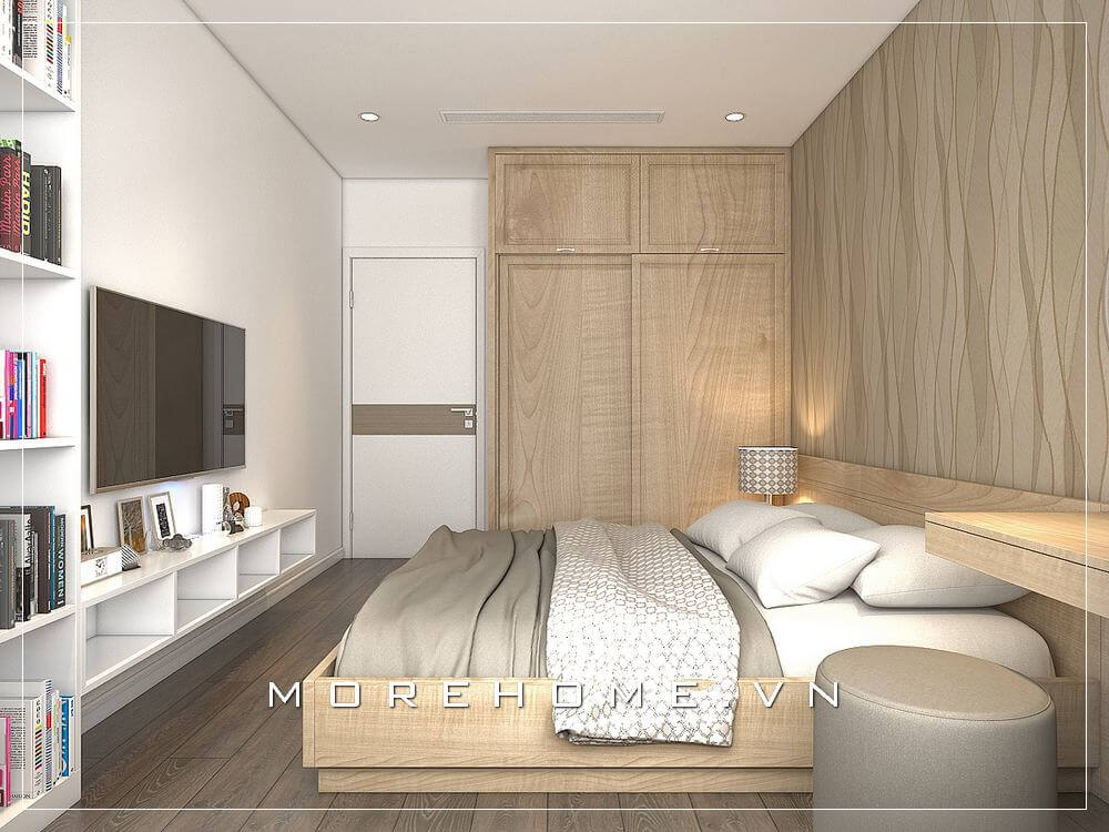 Thiết kế phòng ngủ nhà phố ấn tượng với nội thất màu vàng gỗ nhẹ nhàng, tinh tế